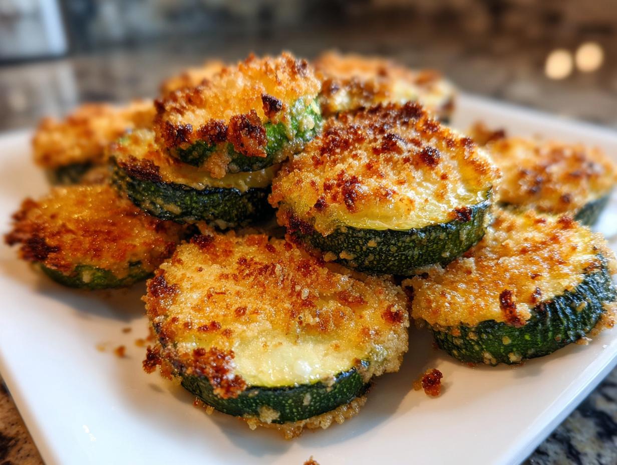 A pile of crispy, golden brown baked parmesan zucchini slices stacked on a white plate.