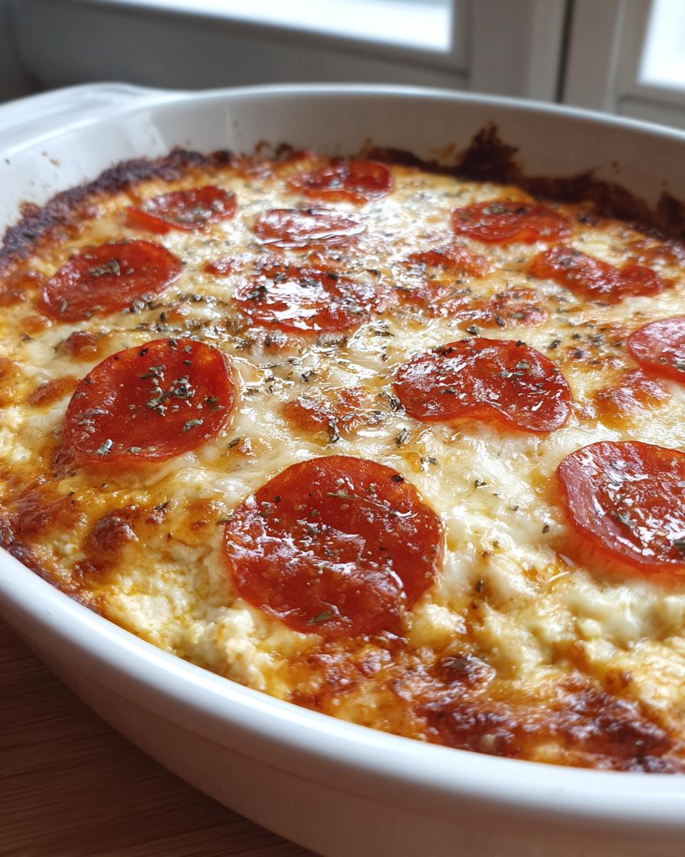 Close-up of a bubbling, baked pepperoni pizza dip topped with melted cheese and herbs in a white oval baking dish.
