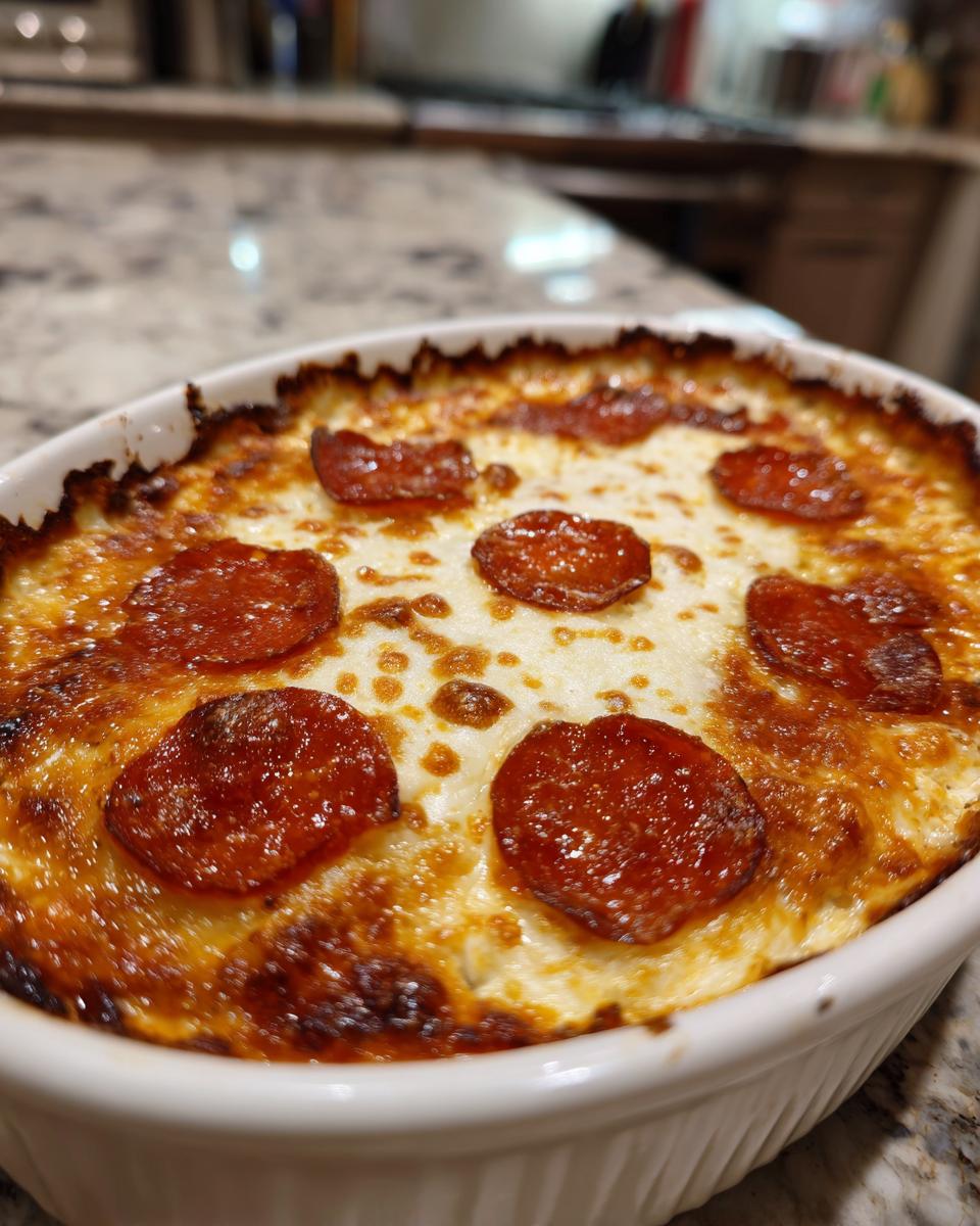 Close-up of a bubbling, baked pepperoni pizza dip topped with melted, browned cheese in a white ramekin.