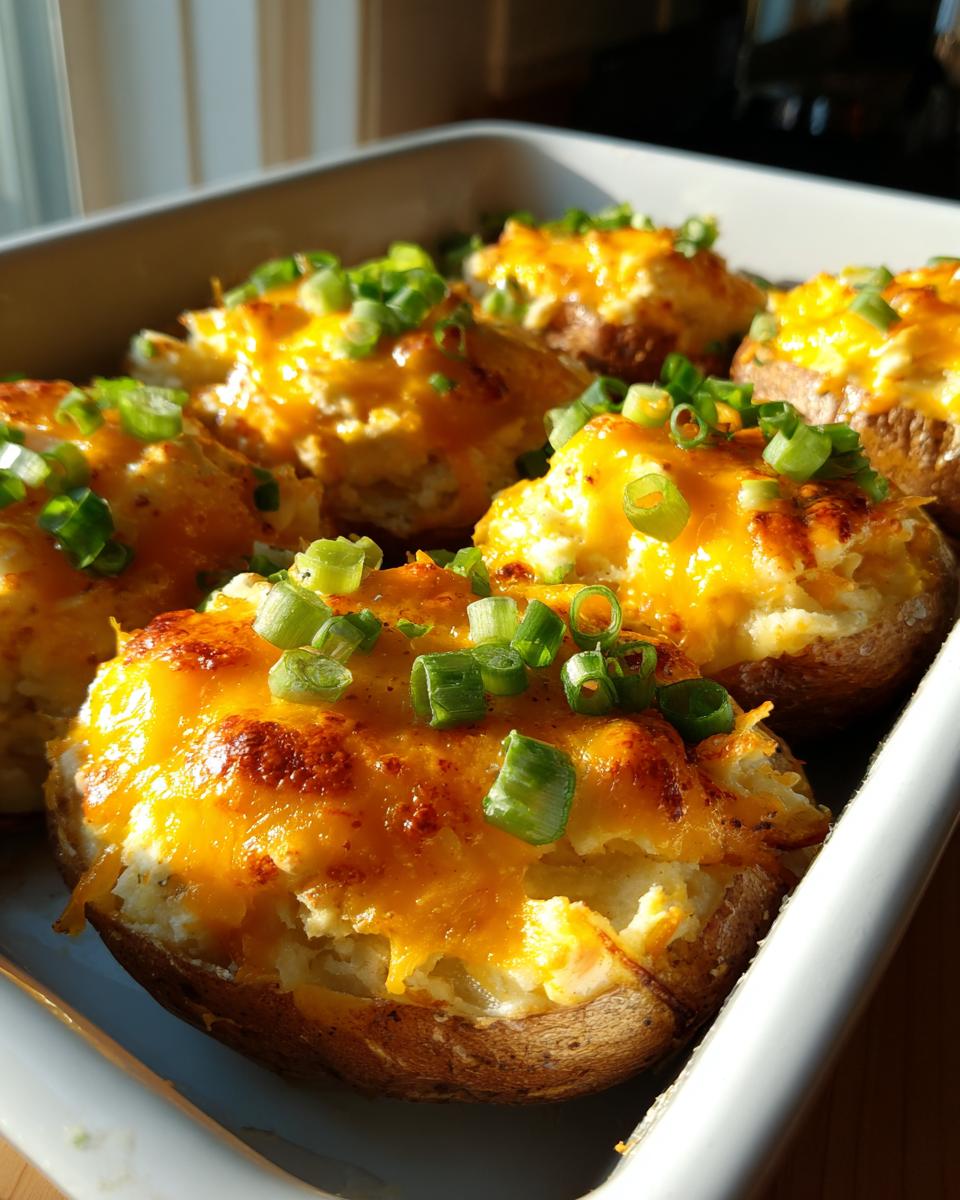 Close-up of twice-baked potatoes in a casserole dish, topped with melted cheddar cheese and green onions, ready for a baked potato casserole.