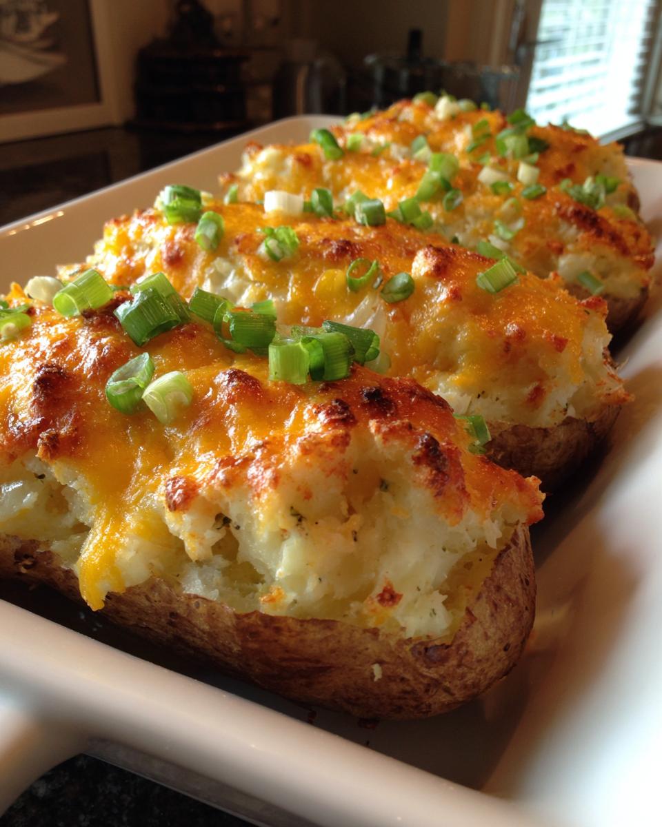 Four twice-baked potatoes stuffed with mashed filling, topped with melted cheddar cheese and green onions, ready to serve.