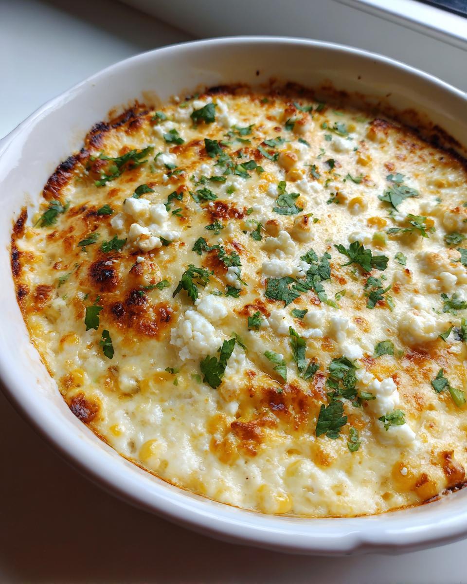 Close-up of freshly baked street corn dip in a white dish, topped with browned cheese, cotija, and fresh cilantro.