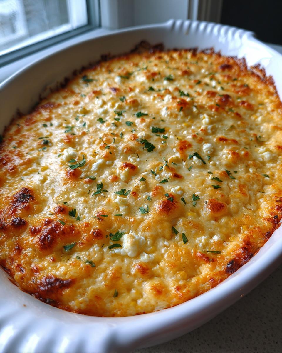 Close-up of hot, baked street corn dip topped with melted cheese and crumbled white cheese, garnished with parsley.