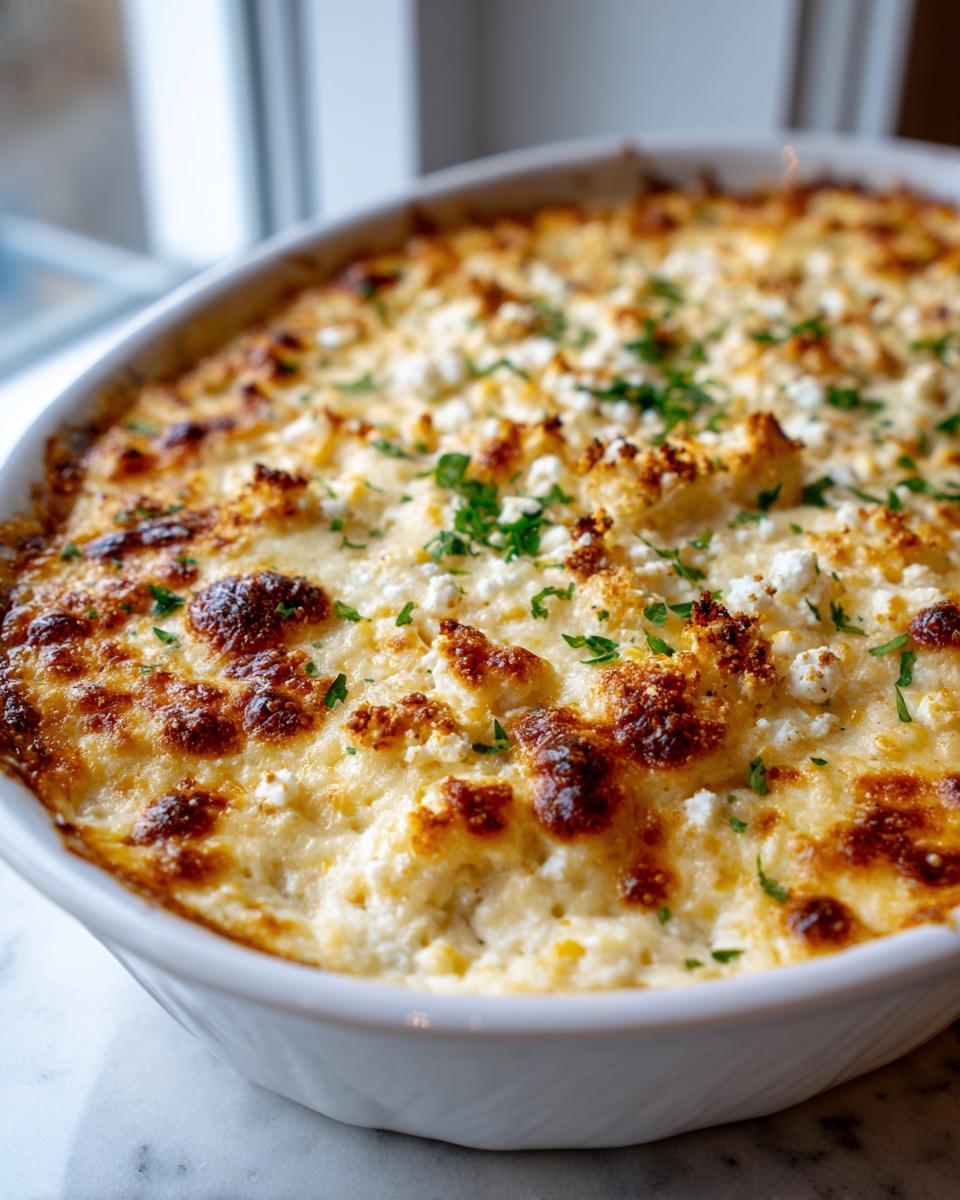 Close-up of a hot, baked street corn dip in a white oval dish with a bubbly, browned cheese topping.