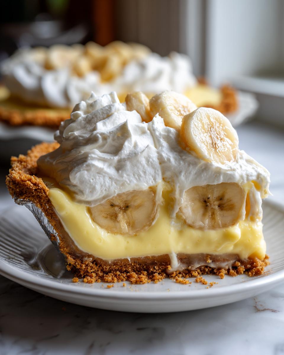 A close-up slice of banana cream pie showing layers of graham cracker crust, vanilla custard, fresh banana slices, and whipped cream topping.