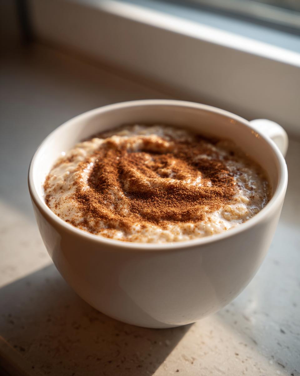 Close-up of creamy banana oatmeal topped with a swirl of cinnamon in a white mug.