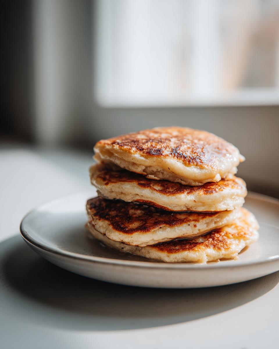 A stack of four golden-brown banana oatmeal pancakes resting on a small, light-colored plate.