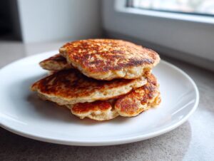 A stack of four golden-brown banana oatmeal pancakes served on a white plate near a window.