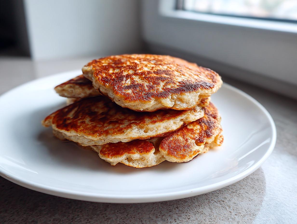 A stack of four golden-brown banana oatmeal pancakes served on a white plate near a window.