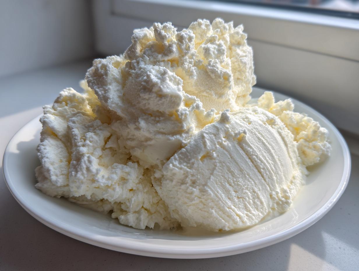 A mound of creamy, white, blended cottage cheese mixture, resembling soft-serve, ready for freezing into cottage cheese ice cream.