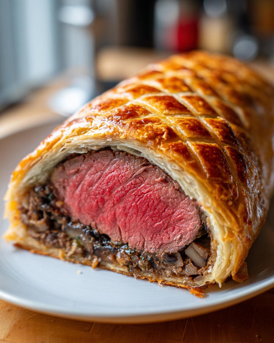 Close-up of a perfectly cooked beef wellington recipe showing medium-rare pink center and golden pastry.