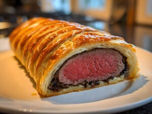 Close-up of a perfectly cooked beef wellington recipe showing medium-rare center and golden puff pastry.