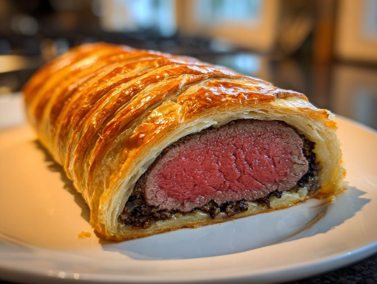 Close-up of a perfectly cooked beef wellington recipe showing medium-rare center and golden puff pastry.