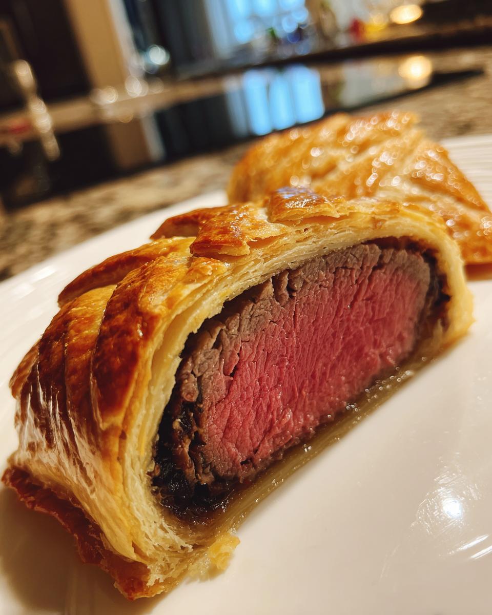 Close-up of a slice of beef wellington recipe showing medium-rare pink center and golden puff pastry.
