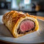 Close-up of a slice of beef wellington recipe showing medium-rare pink center wrapped in golden puff pastry.