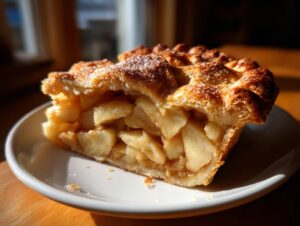 A close-up of a thick slice of best apple pie showing flaky crust and cinnamon-spiced apple filling.