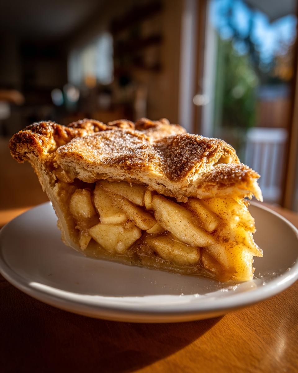 A close-up of a perfect slice of apple pie showing thick, flaky crust and cinnamon-spiced apple filling.