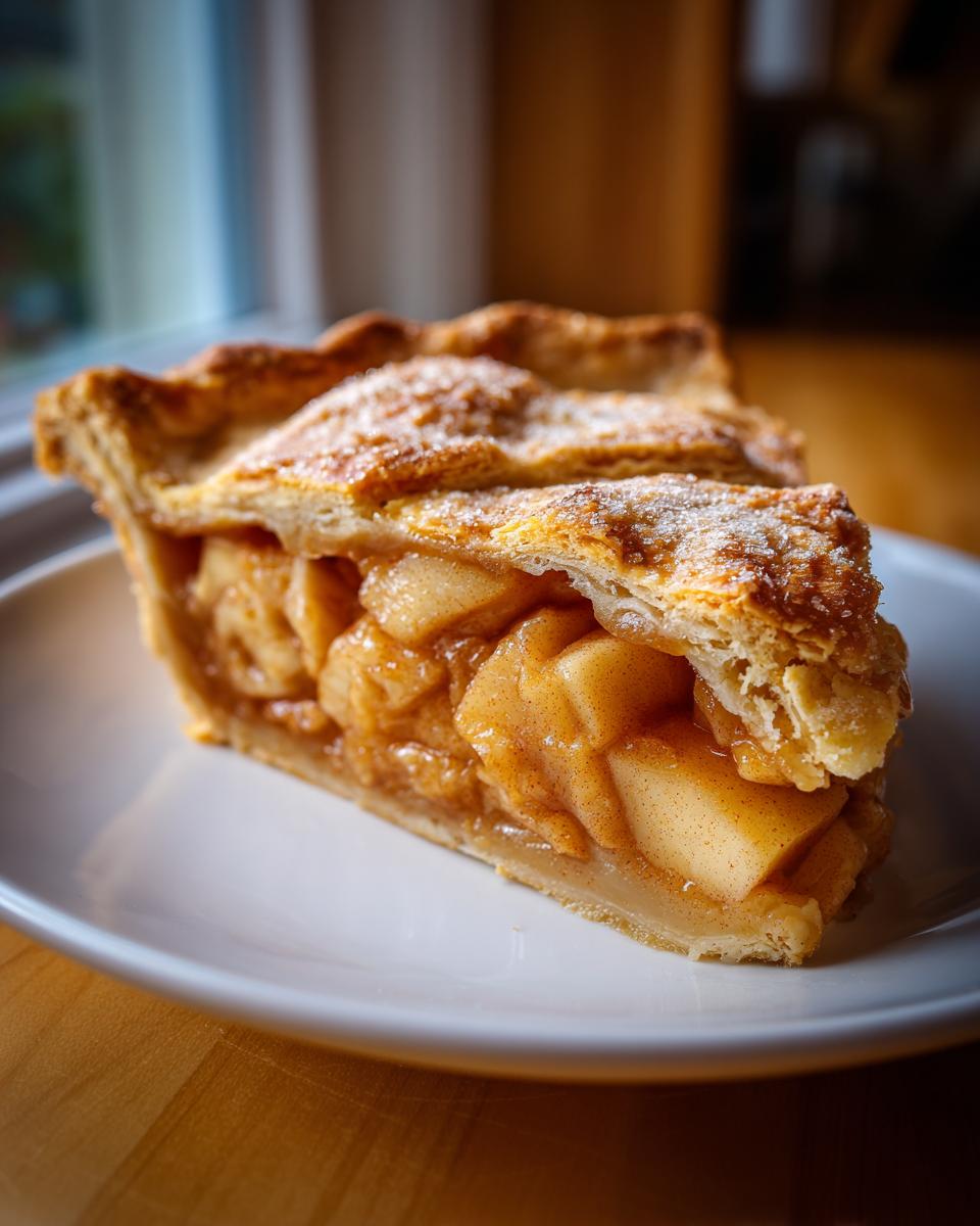 Close-up of a perfect slice of apple pie showing thick, spiced apple filling and a flaky, sugared crust.