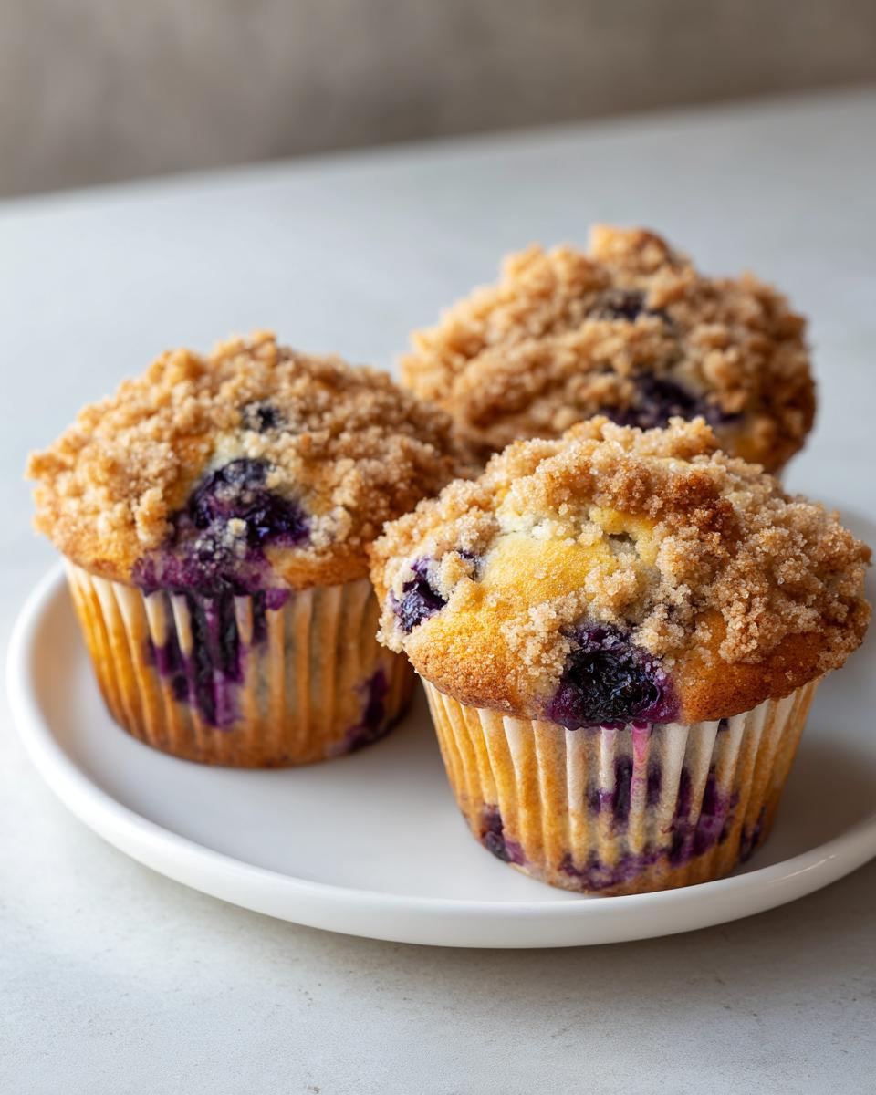 Three moist blueberry muffins with golden streusel topping resting on a small white plate.