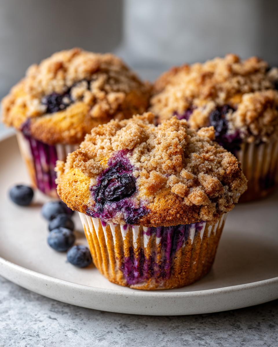 Close-up of homemade blueberry muffins topped with a crunchy streusel, featuring visible bursts of purple blueberries.