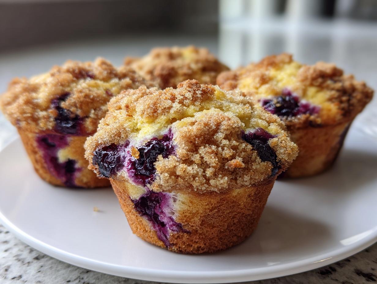 Close-up of four moist blueberry muffins topped with a sugary crumb topping, served on a white plate.