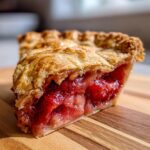 Close-up of a thick slice of strawberry rhubarb pie showing juicy red filling and a golden, flaky top crust.