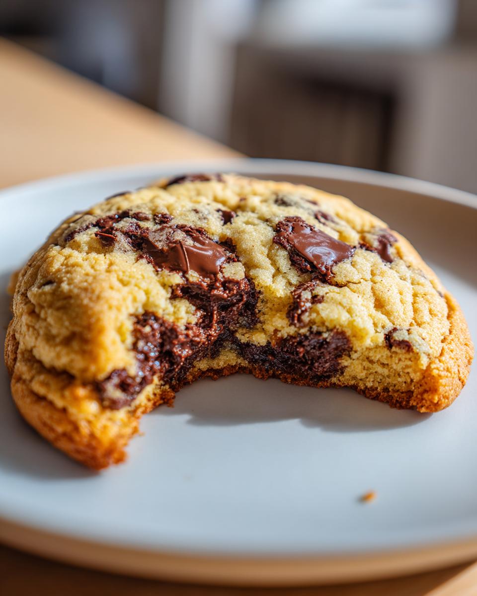 A close-up shot of a thick, golden chocolate chip cookie with a bite taken out, revealing a gooey, melted chocolate center.