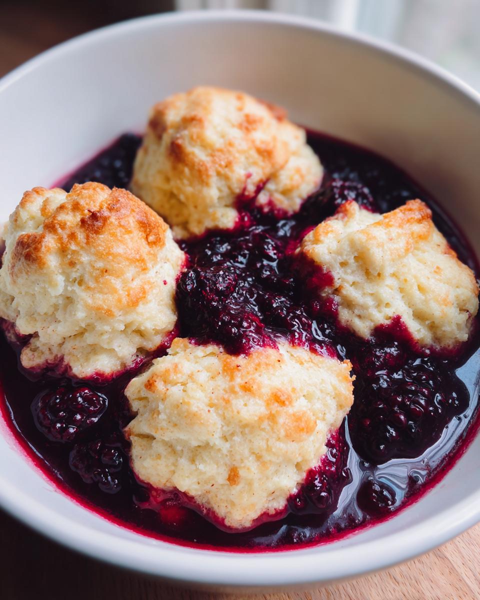 Four golden-topped biscuits nestled in rich, dark sauce of Blackberry Dumplings.