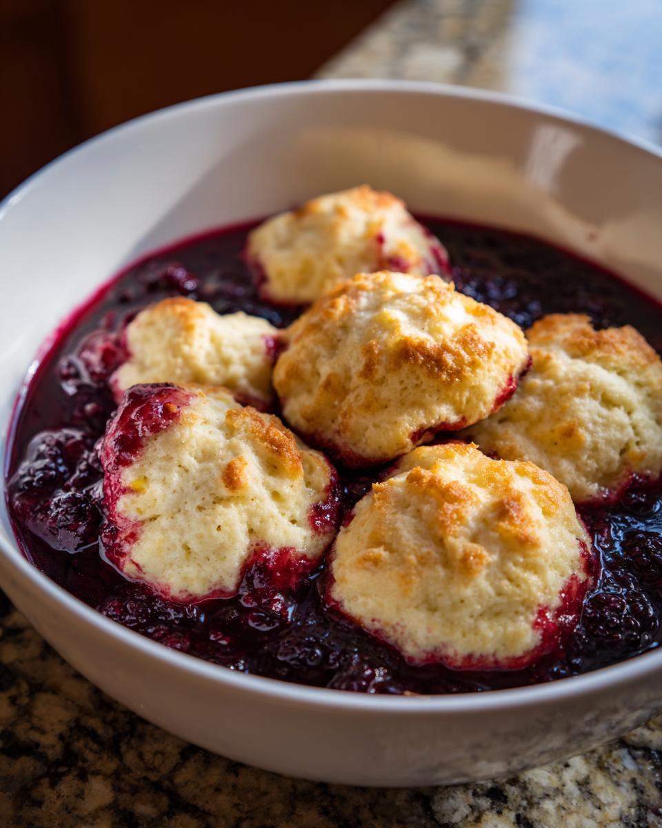Close-up of golden-topped Blackberry Dumplings nestled in a deep purple blackberry sauce in a white bowl.