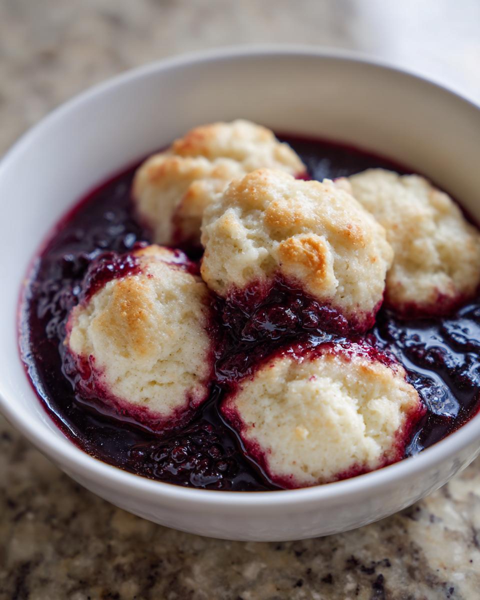 Close-up of fluffy, golden-topped Blackberry Dumplings soaking in rich, dark blackberry syrup in a white bowl.