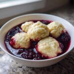 A white bowl filled with fluffy Blackberry Dumplings soaking in a rich, dark purple blackberry syrup.
