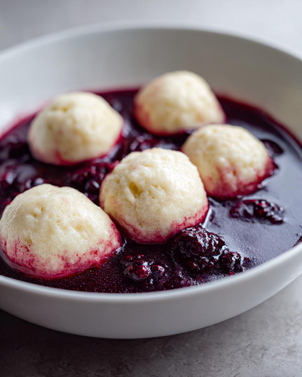 Close-up of fluffy, light-colored Blackberry Dumplings soaking in a rich, dark purple blackberry sauce in a white bowl.