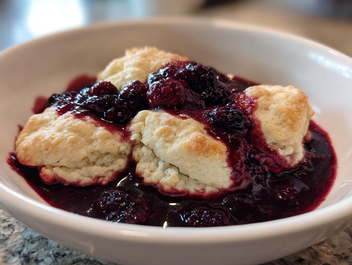 Close-up of warm Blackberry Dumplings topped with rich, dark blackberry sauce in a white bowl.