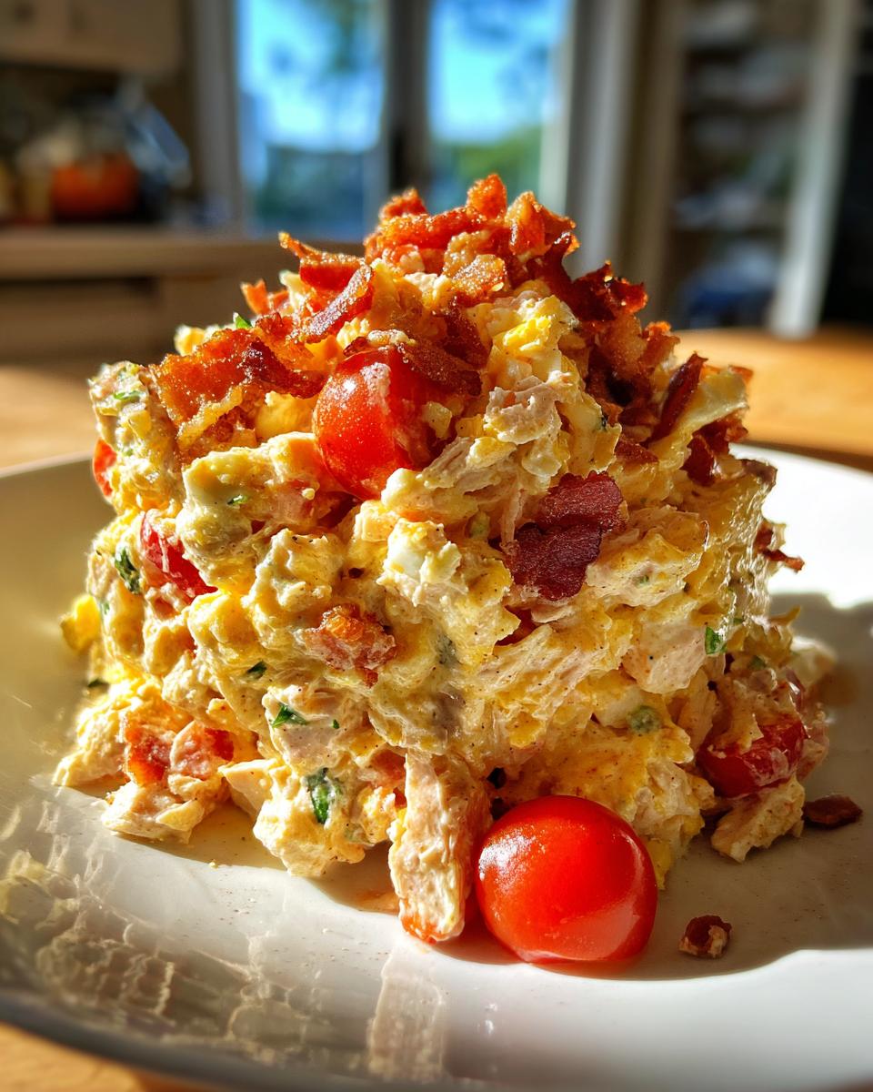 A generous mound of creamy blt chicken salad mixed with tomatoes and topped with crispy bacon bits.