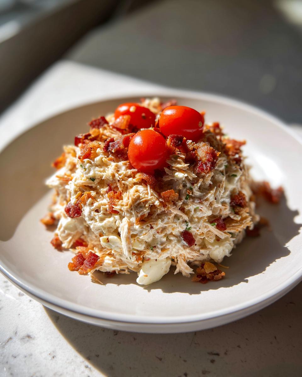 A mound of creamy blt chicken salad topped with crispy bacon bits and three bright red cherry tomatoes.