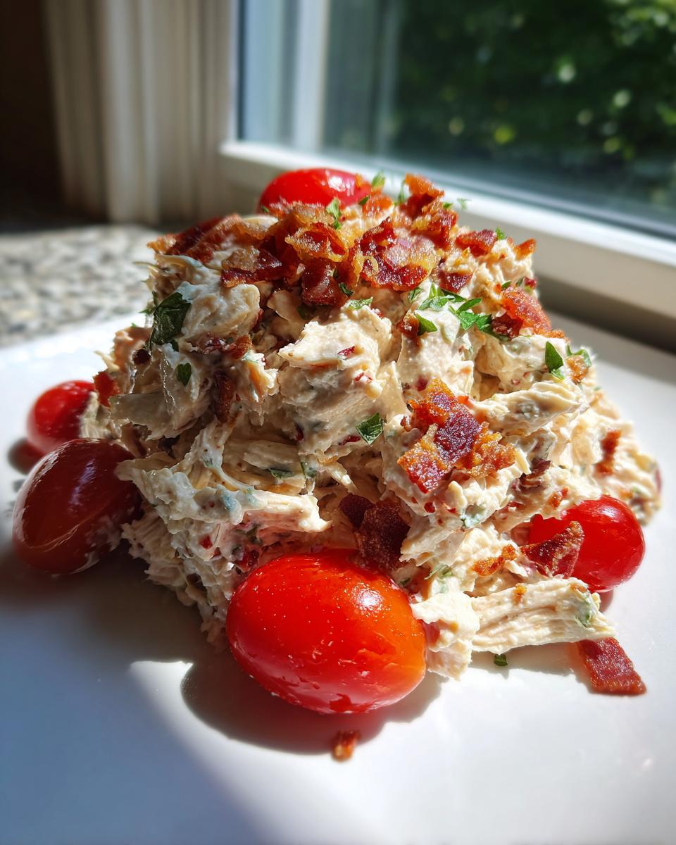 A mound of creamy blt chicken salad topped with crispy bacon bits and garnished with bright red cherry tomatoes.