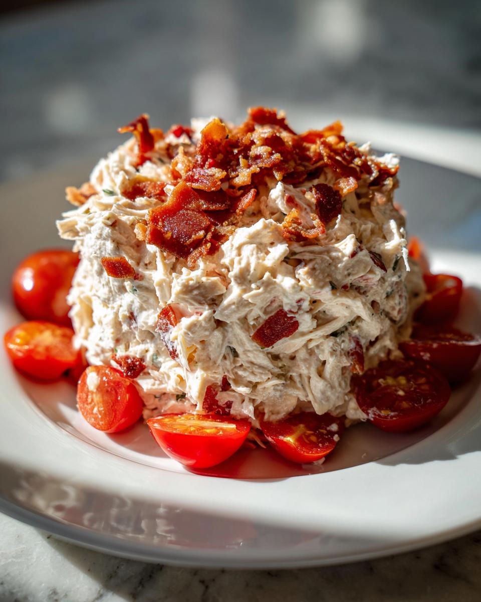 A scoop of creamy blt chicken salad topped generously with crispy bacon bits and surrounded by halved cherry tomatoes.