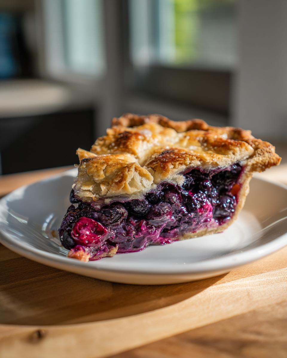 Close-up of a slice of blueberry pie recipe showing the thick, juicy, deep purple filling and flaky crust.