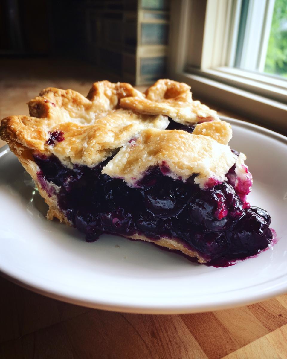 A thick slice of blueberry pie recipe showing juicy, dark purple filling and flaky golden crust.