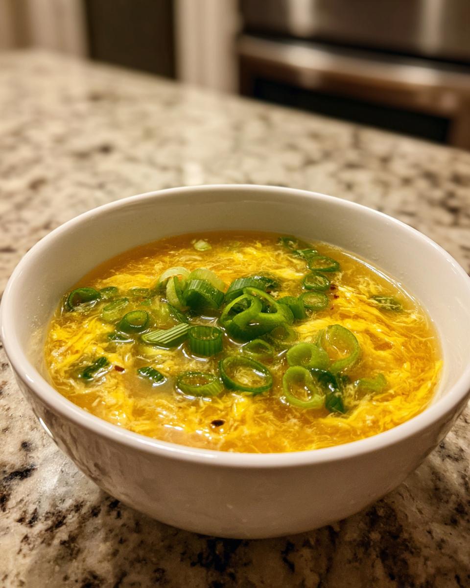 A close-up of a white bowl filled with bright yellow egg drop soup, topped generously with fresh green sliced scallions.