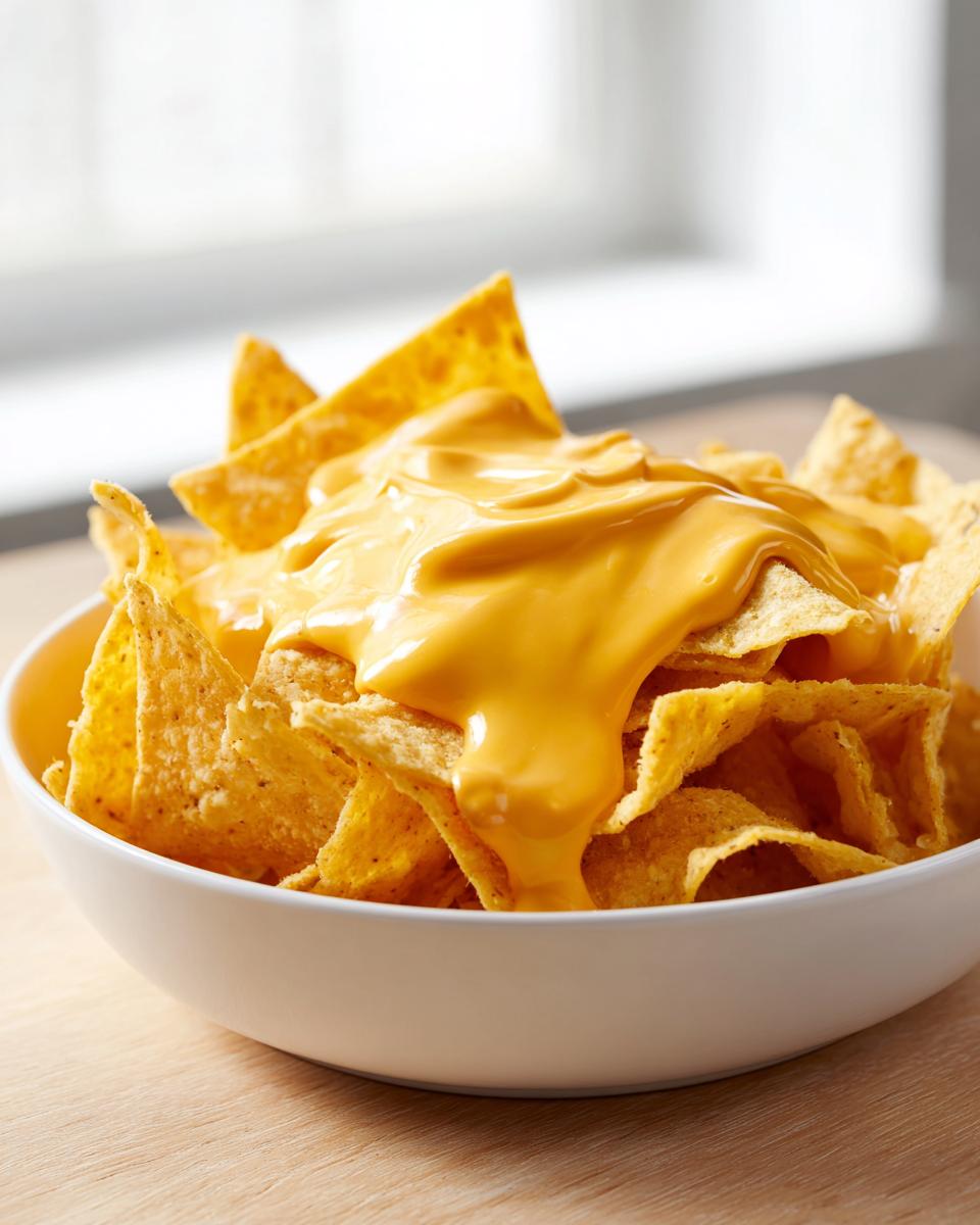 A white bowl overflowing with tortilla chips drenched in thick, creamy nacho cheese sauce.