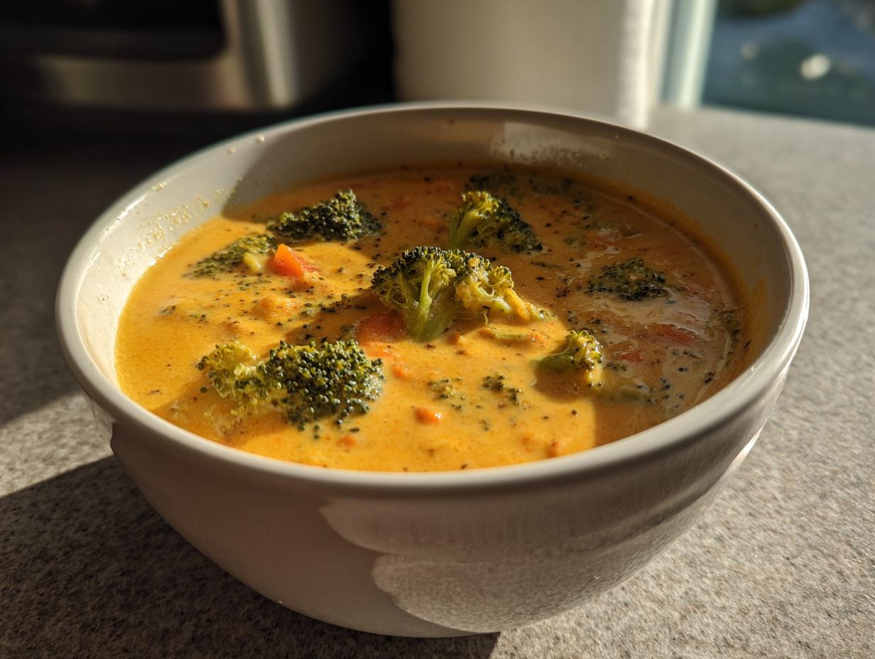 A close-up of a bowl filled with rich, orange broccoli cheddar soup, featuring visible broccoli florets and carrots.