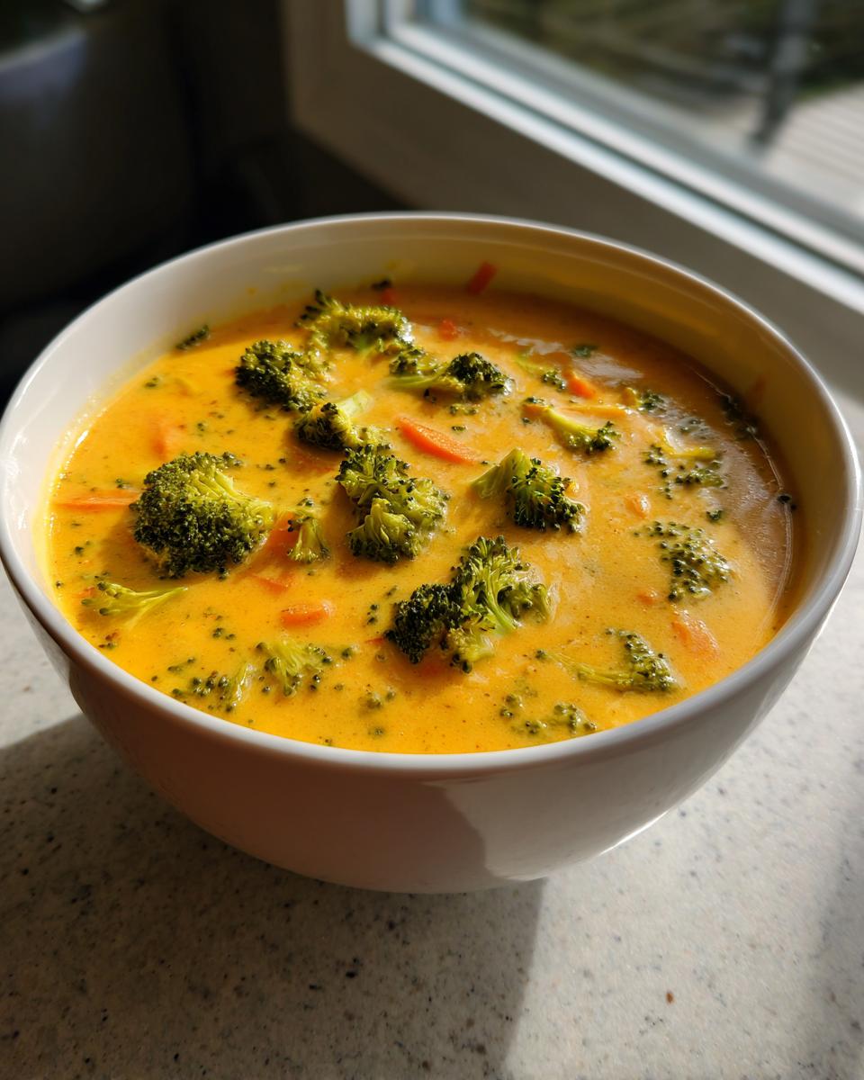 A close-up of a white bowl filled with vibrant orange broccoli cheddar soup, topped with florets of broccoli and sliced carrots.