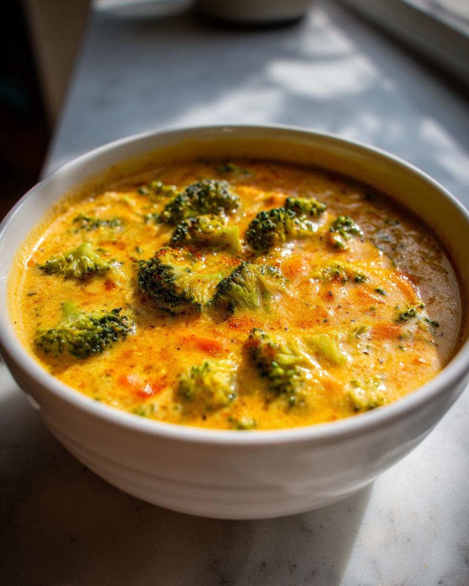 A close-up of a white bowl filled with creamy, orange-yellow broccoli cheddar soup topped with florets.