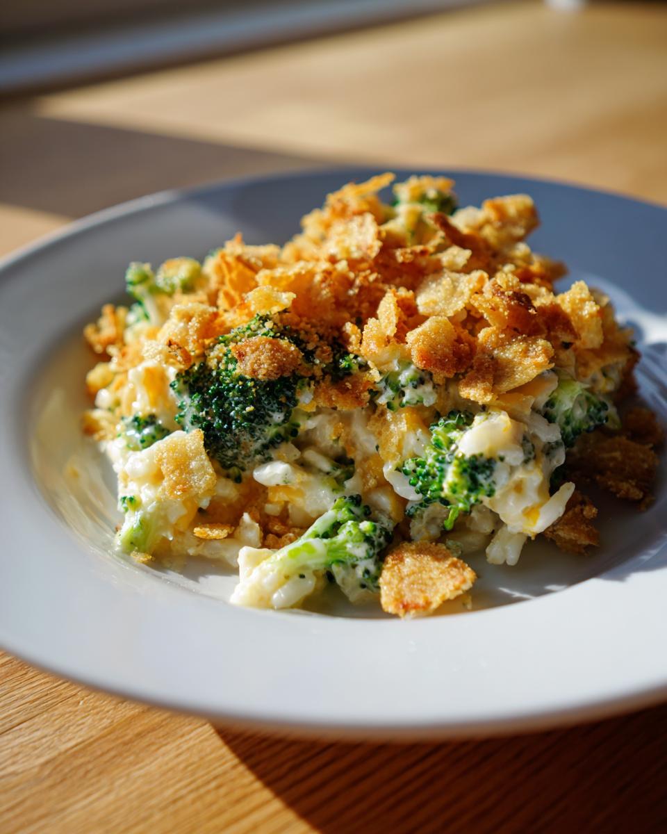 A serving of creamy broccoli rice bake topped with golden, crunchy breadcrumbs on a white plate.