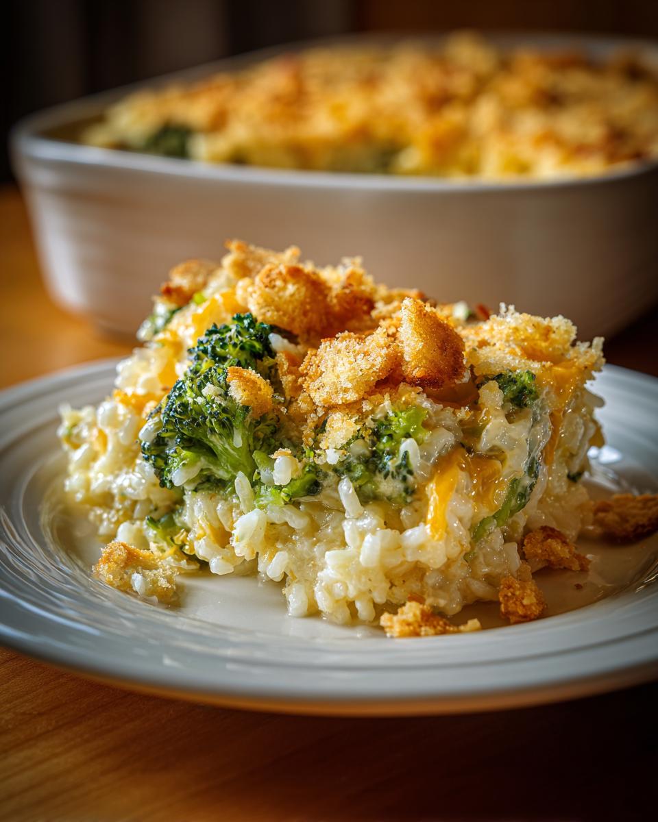 A close-up serving of creamy broccoli rice casserole topped with melted cheese and crunchy breadcrumbs.