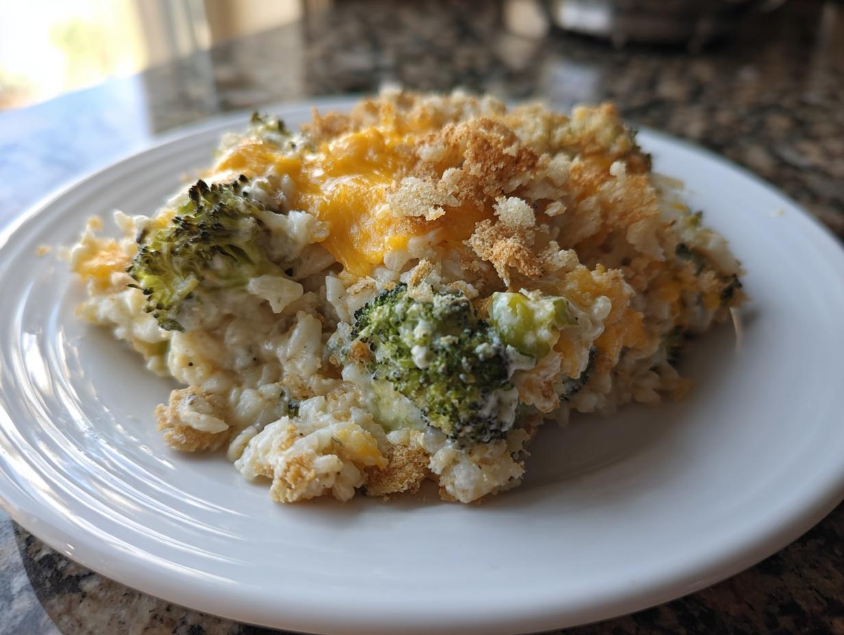 A close-up serving of creamy broccoli rice casserole topped with melted cheddar cheese and crispy breadcrumbs.