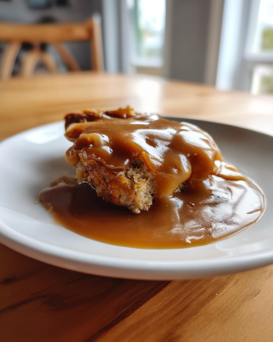 A piece of cake or pudding generously covered in thick, glossy brown gravy, possibly a savory chicken gravy substitute.