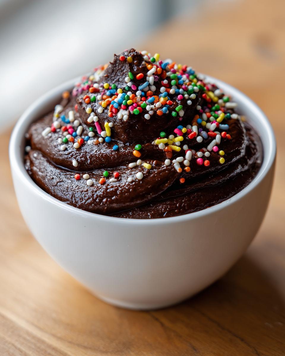 Close-up of rich, dark brownie batter dip swirled high in a white bowl and covered with colorful rainbow sprinkles.