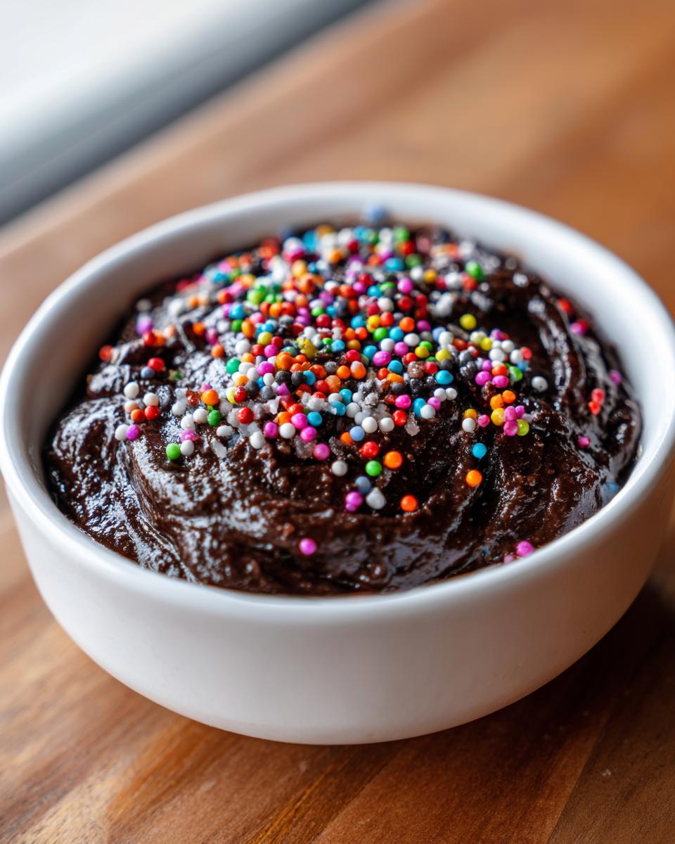Close-up of rich, dark brownie batter dip topped generously with colorful rainbow sprinkles in a white bowl.